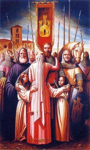 Despedida del Cid a doña Jimena en el momento de salir para el exilio. Monasterio de Cardeña, óleo de Cándido Pérez (2002)